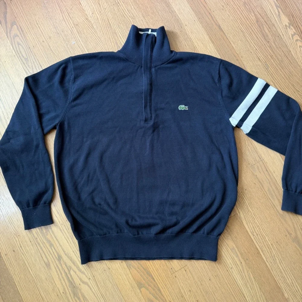 Lacoste Mens Navy Blue 100% Cotton Quarter Zip Stripe Sleeve Sweater Size xl 6 L - Picture 4 of 6